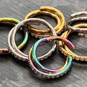 1 Piece Stunning Criss Cross Hoop CZ Gem Steel Hinged Segment Ring - 16g - 8mm or 10mm - Multi-Color, Gold and Silver available!