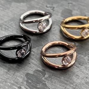 1 Piece Stunning Double Hoop Surgical Steel CZ Gem Hinged Segment Ring - 16g , 8mm - Can be used for Septum, Helix & Daith!
