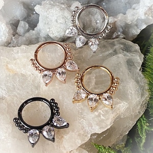 1pc Pear CZ Gems & Beads Hinged Segment Ring 16g Septum Clicker Helix Cartilage