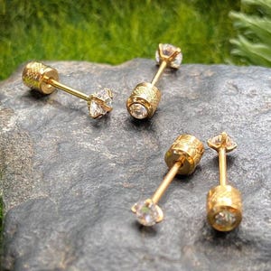 PAIR Prong Set CZ Gem Stud Gold Earrings w/ Gem Centered Screw Back Steel