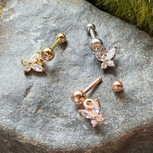 1pc CZ Gem Butterfly Dangle Surgical Steel Tragus Cartilage Barbell Ring 16g 1/4