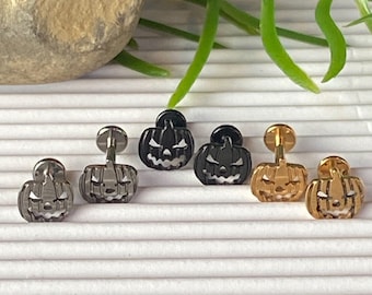1 Piece Unique Implant Grade Titanium Jack-O-Lantern Labret Cartilage Stud Ring -16g - 6mm or 8mm - Gold, Black & Silver Available!