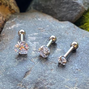 3pc Bulk Pack 3mm-4mm-5mm Prong Set Heart Gem Tragus Cartilage Ring 16g 1/4"