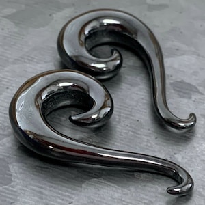 PAIR of Unique Black Swirl Hook Steel Spiral Tapers Gauges 14g (1.6mm) thru 2g (6mm) available!