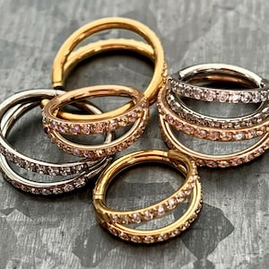 1 Piece of Titanium CZ Gems Hinged Segment Hoop Ring - 16g - 8mm or 10mm Internal Diameter - Gold,  Rose Gold and Silver available!