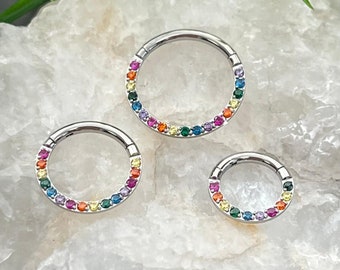 1 Piece Stunning Rainbow CZ Prong Set Front Hinged Segment Septum Ring - 16g - Internal Diameter 6mm, 8mm or 10mm available!