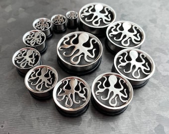 PAIR of Unique Octopus Surgical Steel Single Flare Tunnels/Plugs with O-Rings - Gauges 0g (8mm) thru - 1&3/16" (30mm) Available!