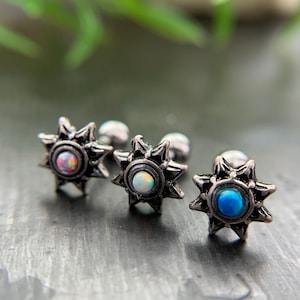 1 Piece Opal Set Tribal Sun Labret- Helix Stud Ring  - 16g - 1/4" (8mm) - White, Blue & Pink Available!