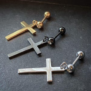 1pc Cross Dangle Tragus Stud Helix Cartilage Ring 16g 1/4"- choose your color