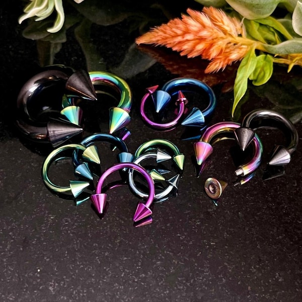 1 Piece Stunning Titanium Spiked Barbell Horseshoe Ring - 16g thru 12g - OTHER Colors Available in our listings!