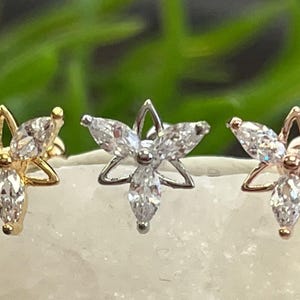 1 Piece Marquise CZ Gem Triangle Flower Tragus Barbell Stud - 16g - Wearable Diameter 1/4" (6mm) - Gold, Rose Gold and Silver Available!