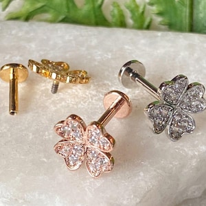 1pc CZ Gem Shamrock 16g Labret Clover Internally Threaded Steel Tragus Helix