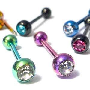 1pc Tongue Ring w/ Bezel Set Gem PVD over Steel Barbell Tounge 14g 5/8 (16mm)