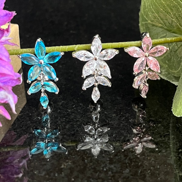 1 Piece Brilliant Marquise CZ Gem Flower & Vine Top Drop Dangle Reverse Navel/Naval Belly Ring- 14g - 10mm - Clear, Pink and Aqua Available!