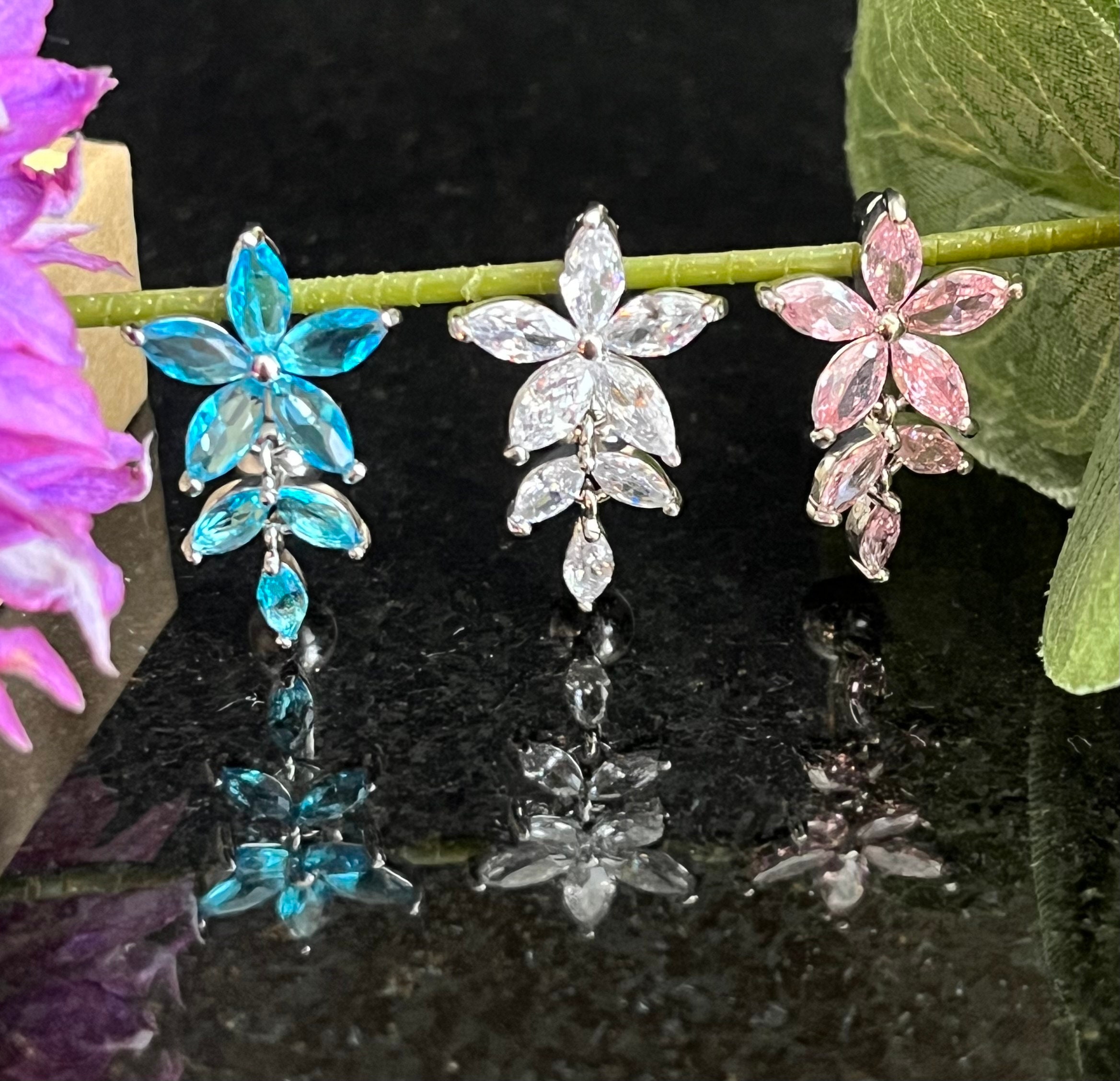1 Piece Brilliant Marquise CZ Gem Flower & Vine Top Drop Dangle Reverse Navel/Naval Belly Ring- 14g - 10mm - Clear, Pink and Aqua Available!