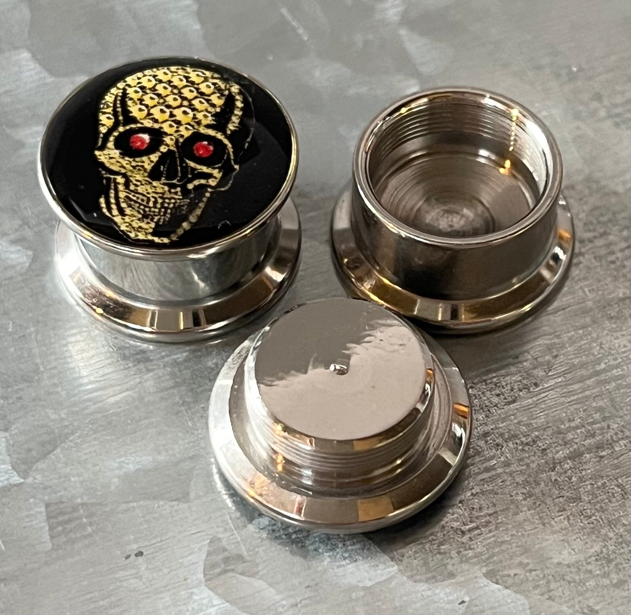 Stash Plug PAIR of Unique Yellow Skull With Red Eyes Steel Screw Fit Stash Plugs ...
