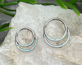 1 Piece of Stunning Double Opal Lined Front Hinged Steel Septum Segment Ring - 16g - 8mm or 10mm Available!