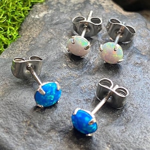 PAIR Prong Set Opal Earrings 316L Surgical Steel - choose from 2 colors, 3 sizes