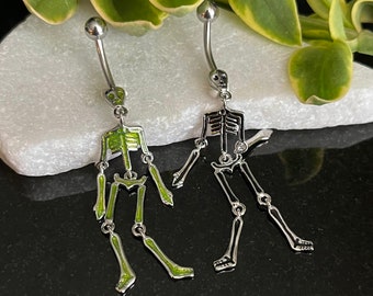1 Piece Scary Skeleton Dangle Belly Ring Navel / Naval Belly Ring  - 14g - 10mm - Green and Clear Available!