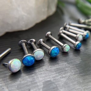 1 Piece Unique Push In Opal Dome Labret Monroe Stud Lip Ring- 16g - Length: 6mm or 8mm - Gem Size 2, 3 or 4mm - White or Blue Available!