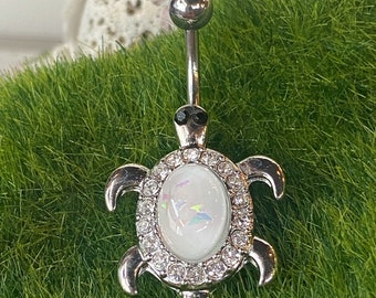 Opal Glitter Center Crystal Paved Turtle Belly Button Ring Navel Naval