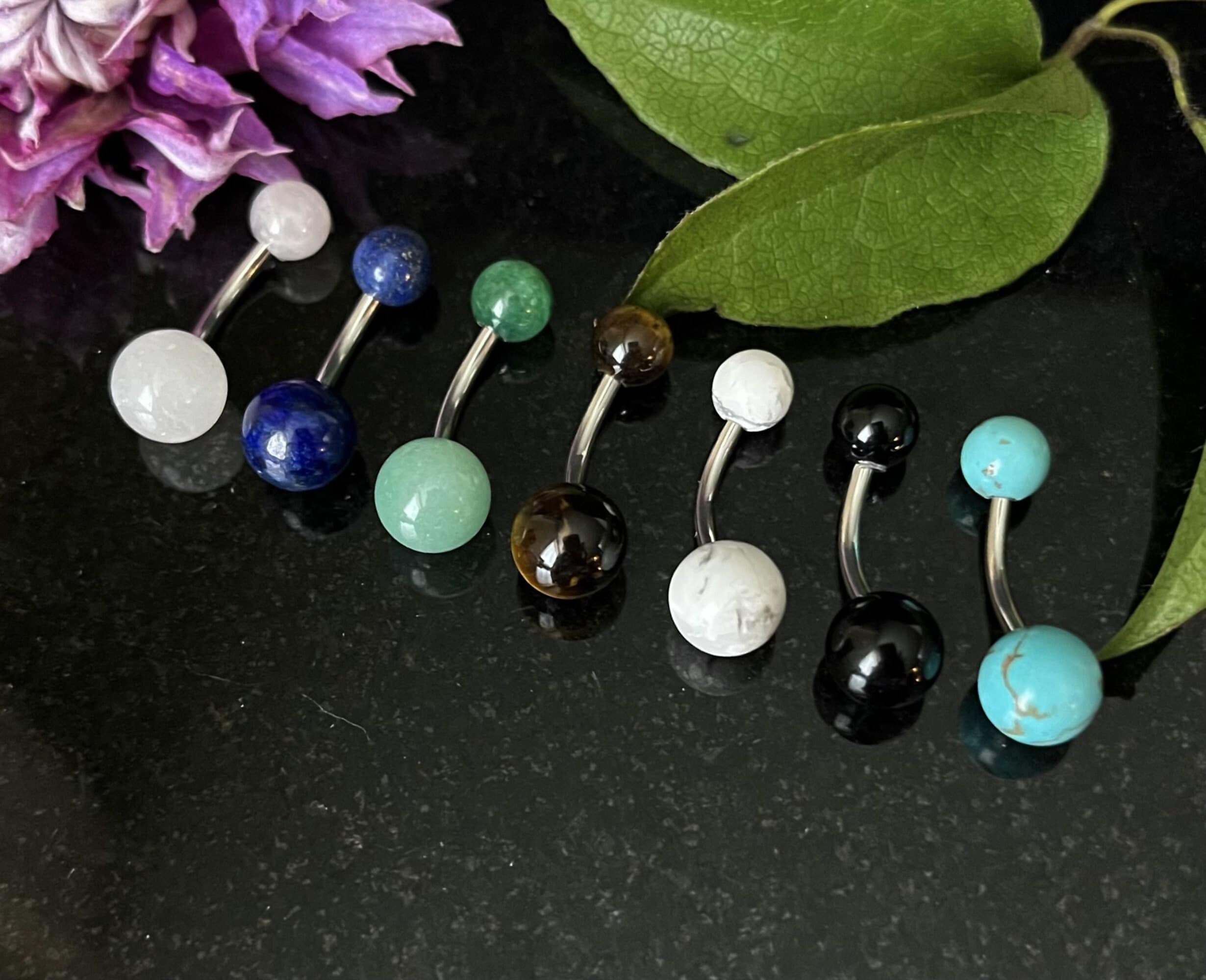 Anneau nombril/ventre bleu marine, belle boule en pierre naturelle, 1 pièce - 14 g - 10 mm - 6 pierres différentes disponibles !
