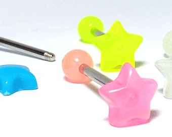 4pc Value Pack Glow in the Dark Star Steel Tongue Rings 14g Tounge Body Jewelry