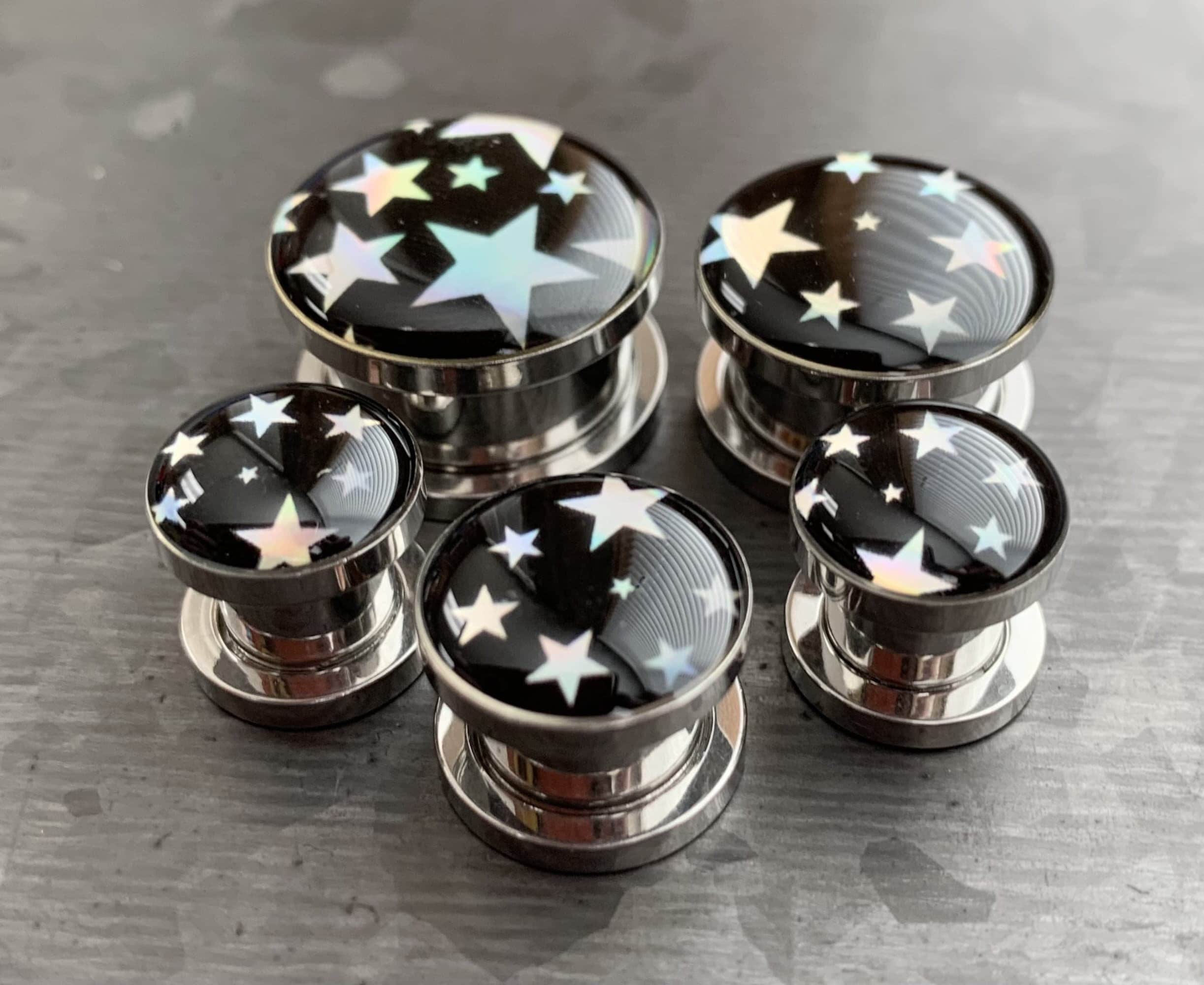 PAIRE de magnifiques tunnels/bouchons en acier chirurgical holographique avec vis en étoile - Jauges de 2 g (6 mm) à 5/8 po. (16 mm) disponibles !