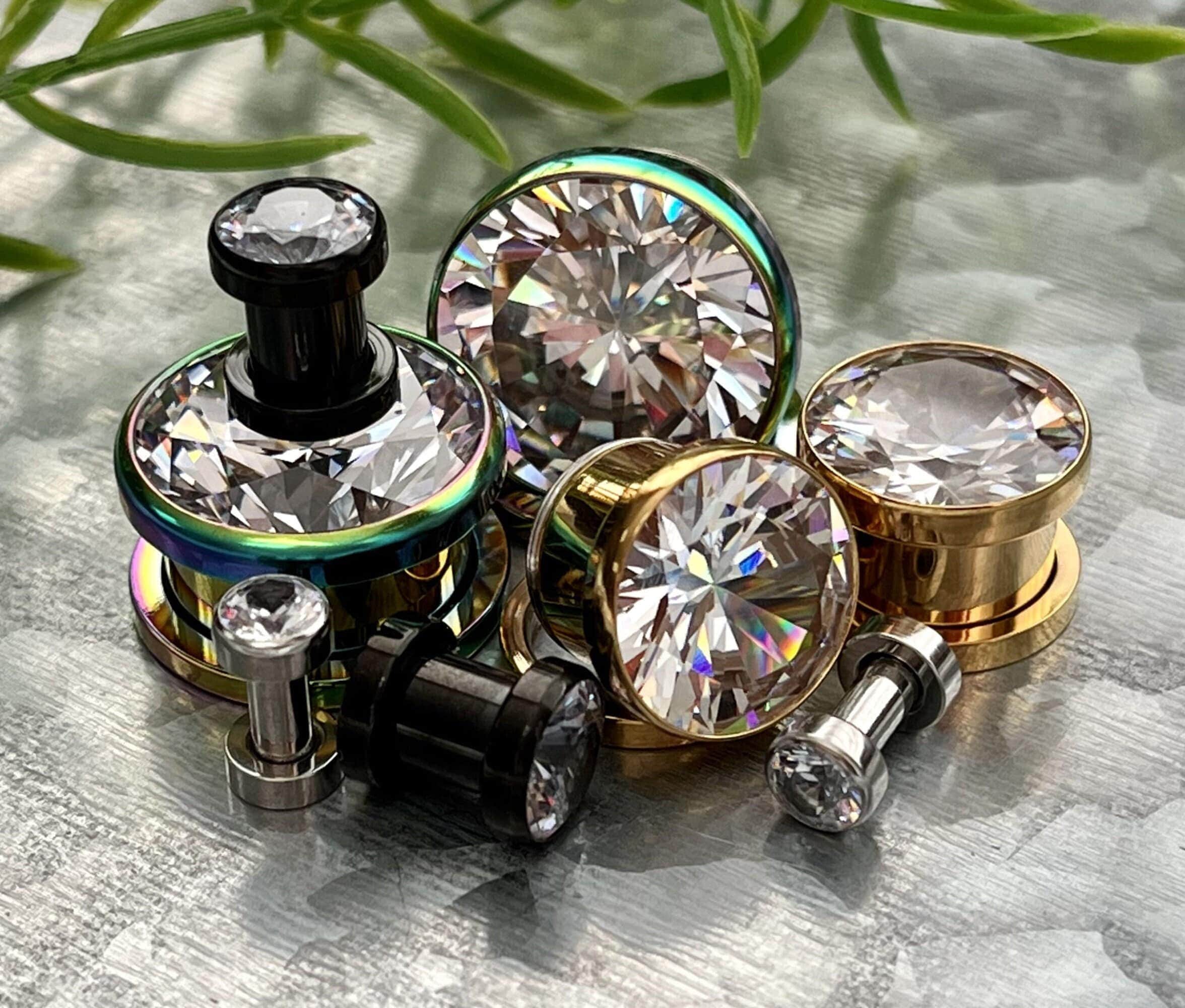 PAIR of Beautiful Clear CZ Gem Steel Screw Fit Tunnels/Plugs - Gauges 8g (3mm) thru 5/8" (16mm) also Available in Black, Gold and Rainbow!