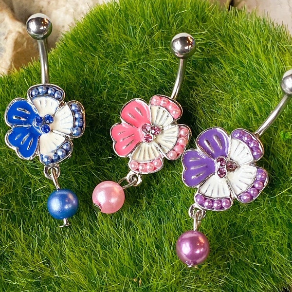 1pc Tropical Flower Pearl Dangle Belly Ring Navel Piercing Pierced Naval