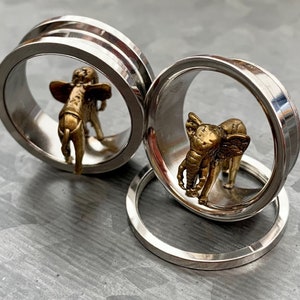 PAIR of Stunning Gold Elephant Surgical Steel Screw Fit Tunnels/Plugs