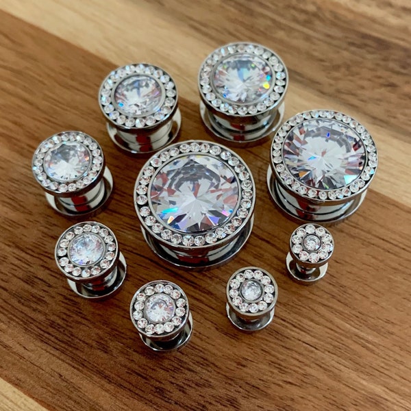 PAIR of Stunning Steel Screw Fit Plugs with Large Clear CZ Gem Surrounded by a CZ Rim - Gauges 8g (3.2) thru 5/8" (16mm) available!