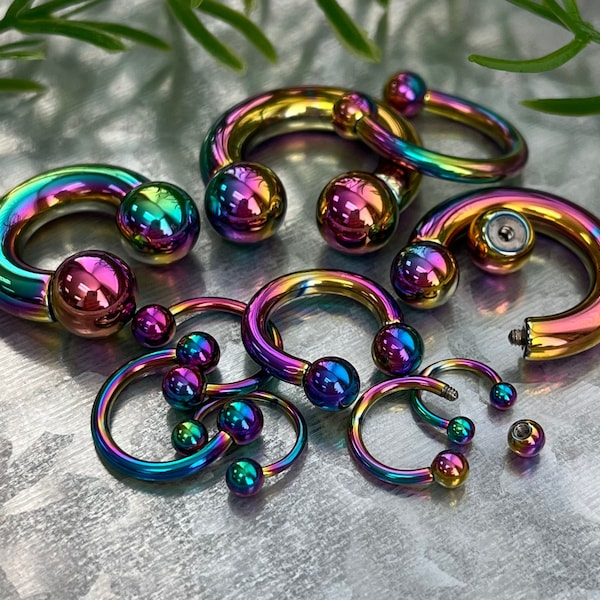 1 Piece Unique Rainbow Titanium Anodized Circular Barbell Horseshoe Ring - 18g thru 2g with Assorted Internal Diameter and Ball Size!!