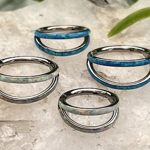 1 Piece Implant Grade Titanium Double Opal Lined Hinged Segment Septum Ring - White or Blue - Gauge 16g, Diameter 10mm & 8mm Available!