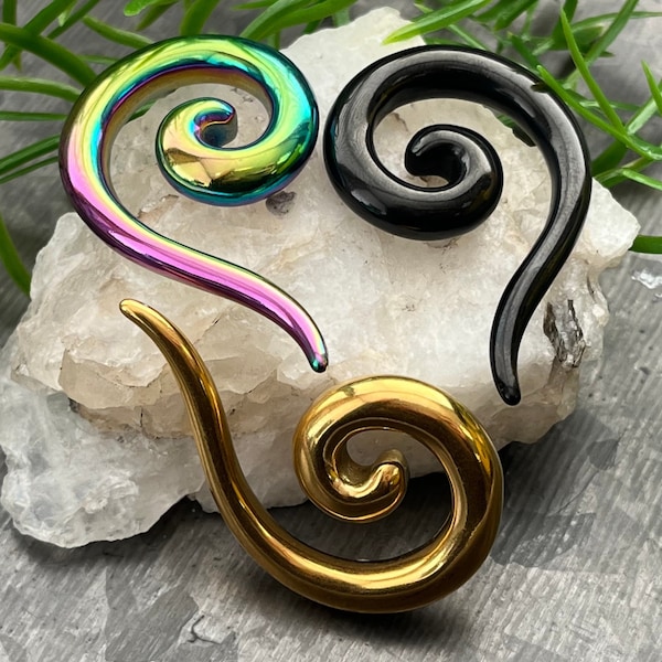 PAIR of Beautiful Surgical Steel Spiral Hanging Tapers Expanders - Black, Gold and Rainbow- Gauges 12g (2mm) thru 2g (6mm) available!