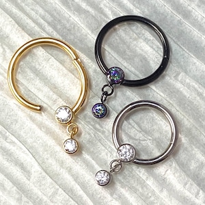1 Piece Stunning Solid Titanium Gem Dangle Hinged Segment Ring - Gauge 16g - 8mm or 10mm - Black, Gold or Silver Available!