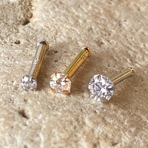 14kt White or Yellow Gold Clear Gem Nose Stud, 18 gauge (18g) or 20 gauge (20g)