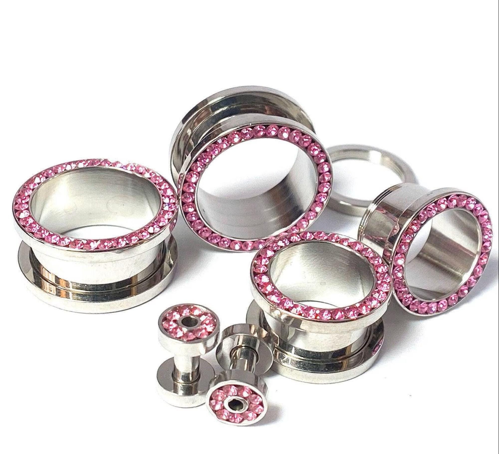 PAIR Pink CZ Gem Rimmed 316L Surgical Steel Screw Fit Tunnels Plugs Gauges