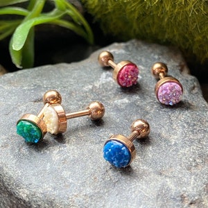 1pc Iridescent Druzy Stone Rose Gold Steel 16g Tragus Stud Ear Cartilage Ring