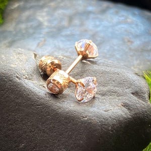 PAIR Prong Set CZ Gem Stud Rose Gold Earrings w/ Gem Centered Screw Back Steel