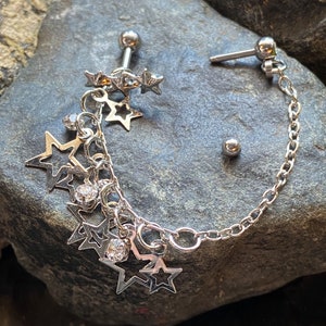 Triple Star Steel Chain Linked Stars Tragus Ring with Cartilage Helix Barbell