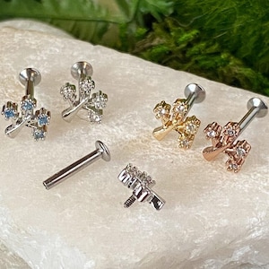 1pc Tree of Life CZ Gem 16g Internally Threaded Steel Labret Stud Cartilage Ring