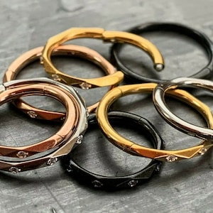 1 Piece Implant Grade Titanium Faceted CZ Gem Hinged Segment Septum Ring - 16g in 10mm or 8mm - Silver, Gold, Rose Gold & Black available!