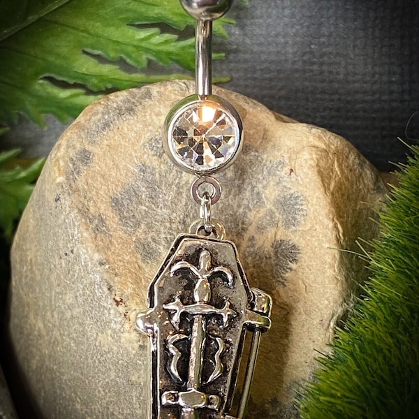 Coffin Dangle Belly Ring Pierced Navel Naval Hinge Skeleton Halloween Gothic