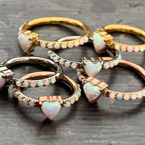 1 Piece of Implant Grade Titanium Opal Heart w/ Paved Sides Hinged Segment Ring - 16g - 10mm, 8mm - Silver ,Gold & Rose Gold available!