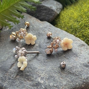 1pc Flower, Pearl, Opalite Gem Curve Tragus Cartilage Barbell Ring 16g 1/4"