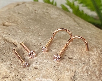 14kt Solid Rose Gold Nose Ring 1.5mm or 2mm CZ Gem 20g 20 gauge stud screw bone