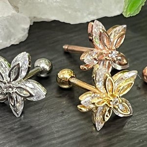 1 Piece Brilliant Marquise CZ Gem Flower Tragus Cartilage Barbell Stud - 16g - Wearable Length 6mm - Silver, Gold, Rose Gold Available!
