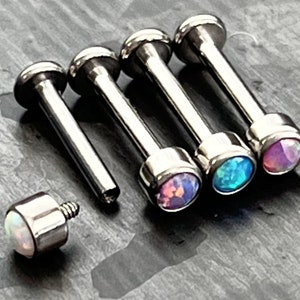 1 Piece of Stunning Bezel Set Opal Internally Threaded Solid Titanium Labret Stud Lip Ring - 16g - Blue, Pink, Purple and White Available!
