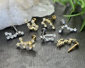 1 Piece Stunning CZ Gem Zodiac Constellation Internally Threaded Labret Monroe Stud -16g- Wearable Diameter  8mm - Gold & Silver Available!